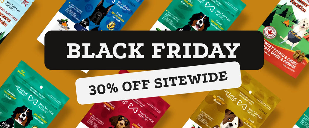 Mes Biscuits Maison Black Friday sale banner featuring natural dog treats and supplements.
