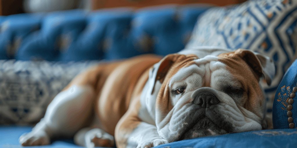 A sleepy bulldog lying on a comfortable blue couch, showcasing relaxation effects from hypoallergenic dog treats & supplements for calming and soothing.