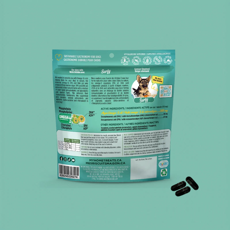 Supplément oméga-3 pour chien à base d'algues — peau, pelage et articulations - Verso - Mes Biscuits Maison