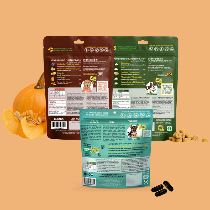 Trio suppléments articulations pour chien — Mobilité+, Articulations et Oméga-3 - Verso - Mes Biscuits Maison